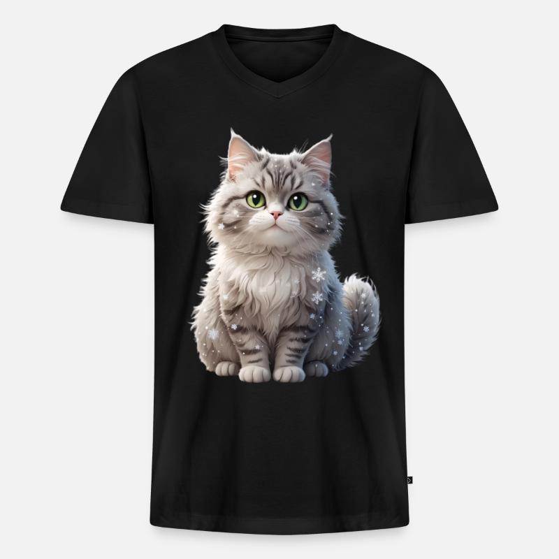 Winterfluff Katze mit Schneeflocken - Männer Premium Bio T-Shirt mit V-Ausschnitt - Schwarz