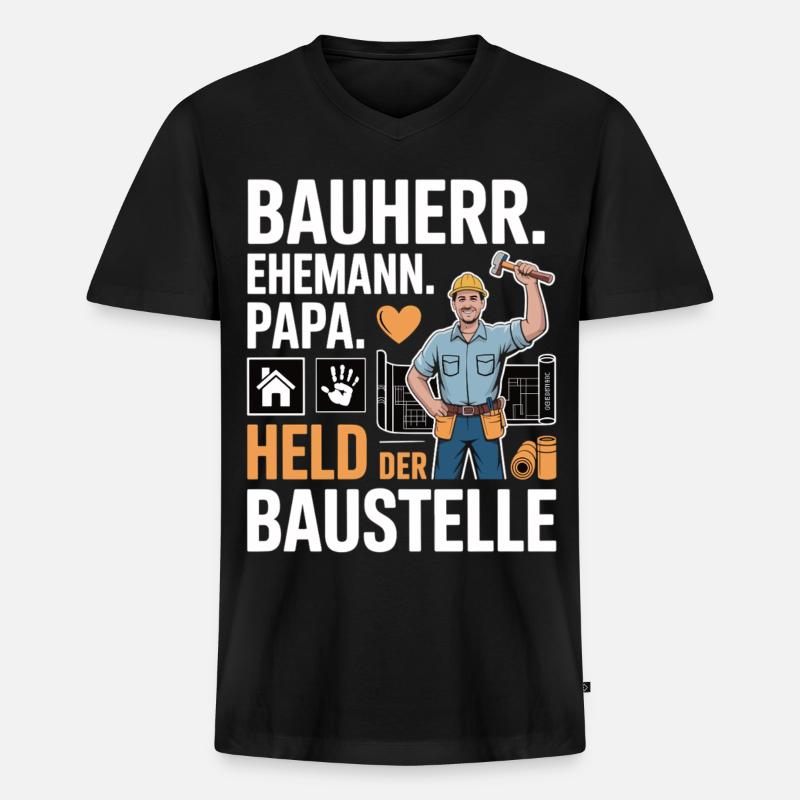 Held der Baustelle – Papa, Ehemann & Bauherr - Männer Premium Bio T-Shirt mit V-Ausschnitt - Schwarz