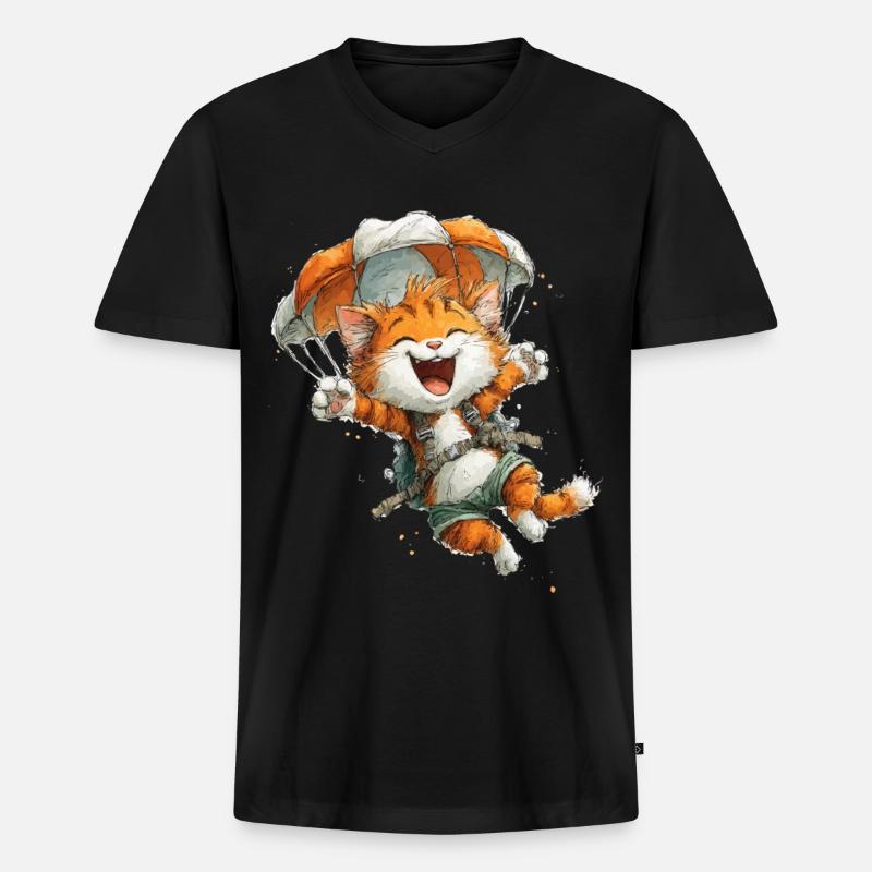 Paraglider Katze Luftabenteuer - Männer Premium Bio T-Shirt mit V-Ausschnitt - Schwarz