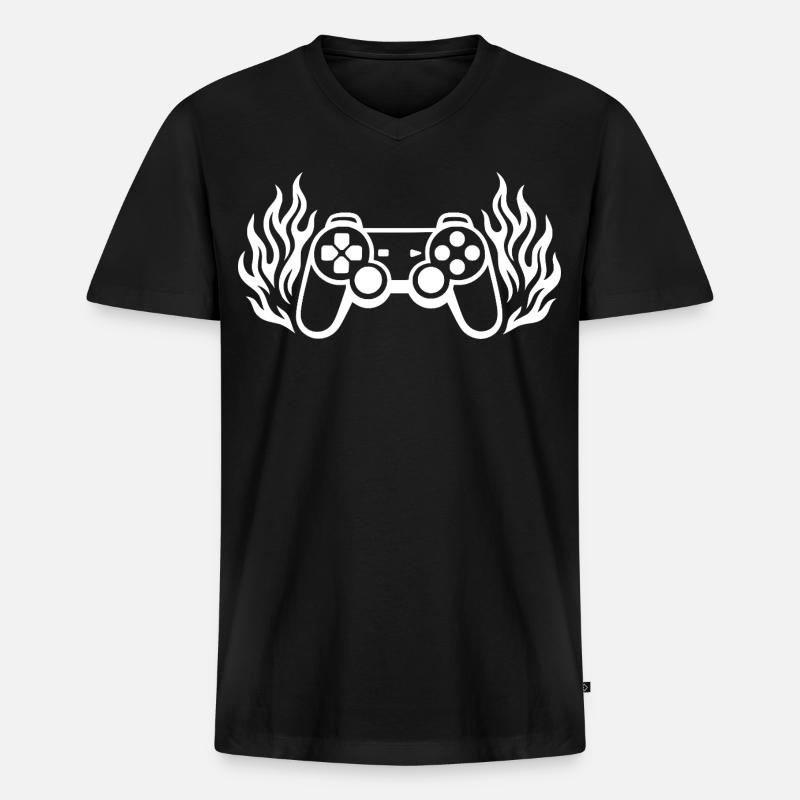 Flames controller, burning gamepad graphics - Men's Premium Organic T-shirt with V-neck - black