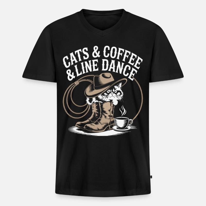 Katzen Kaffee Line Dance - Männer Premium Bio T-Shirt mit V-Ausschnitt - Schwarz