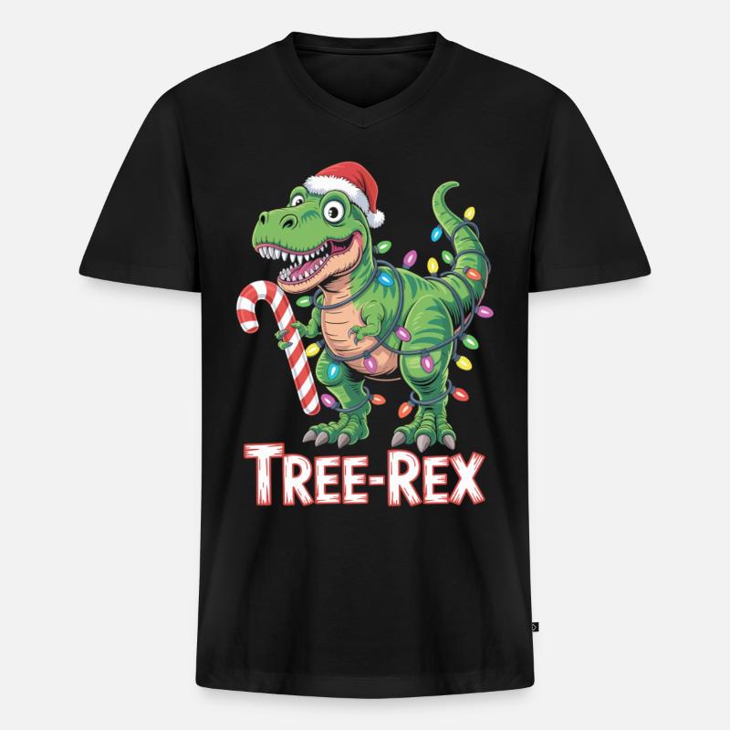 Tree-Rex – T-Rex mit Zuckerstange & Lichtern - Männer Premium Bio T-Shirt mit V-Ausschnitt - Schwarz