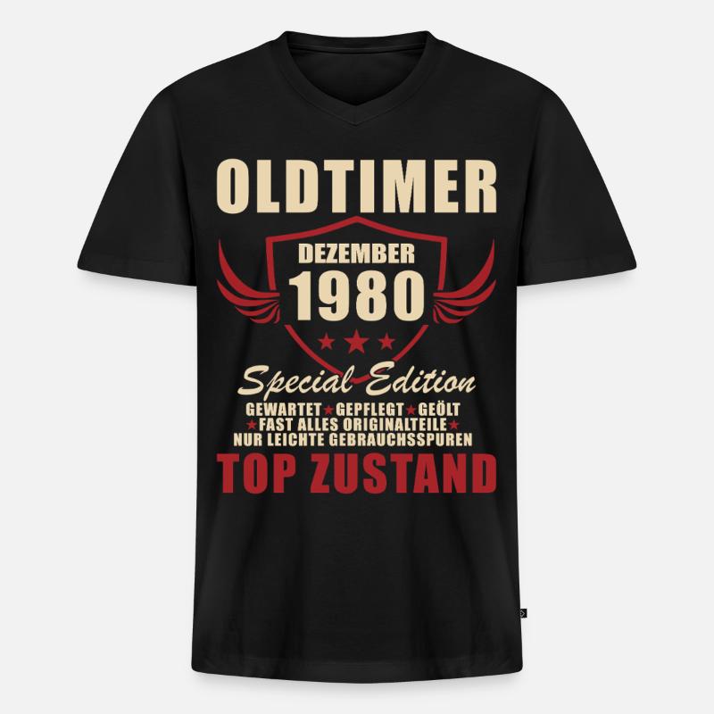 Oldtimer Dezember 1980 Special Edition - Männer Premium Bio T-Shirt mit V-Ausschnitt - Schwarz