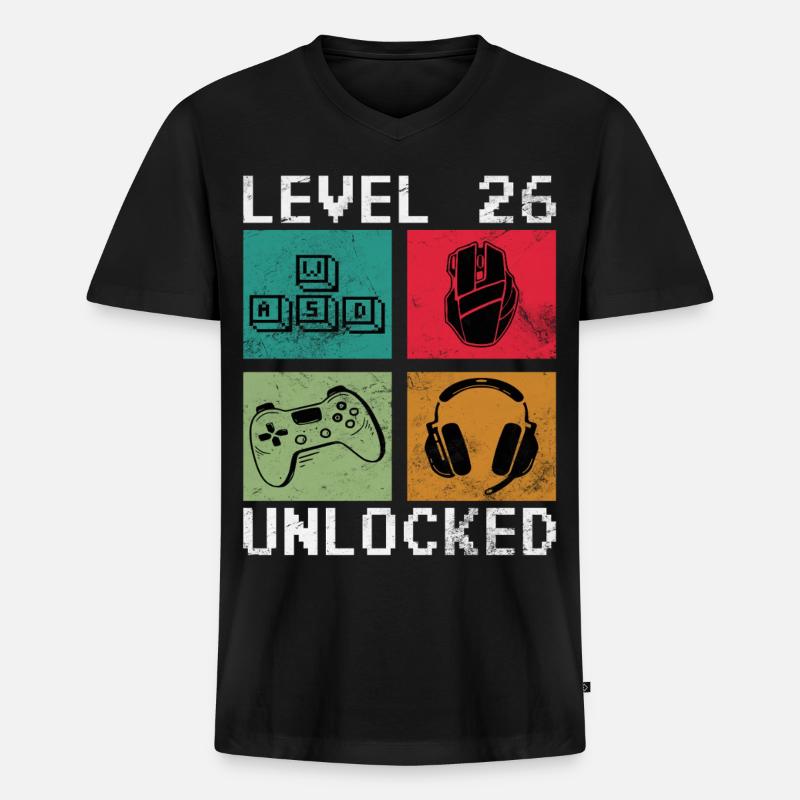 Level 26 Freigeschaltet: Pixel Gaming Blocks - Männer Premium Bio T-Shirt mit V-Ausschnitt - Schwarz