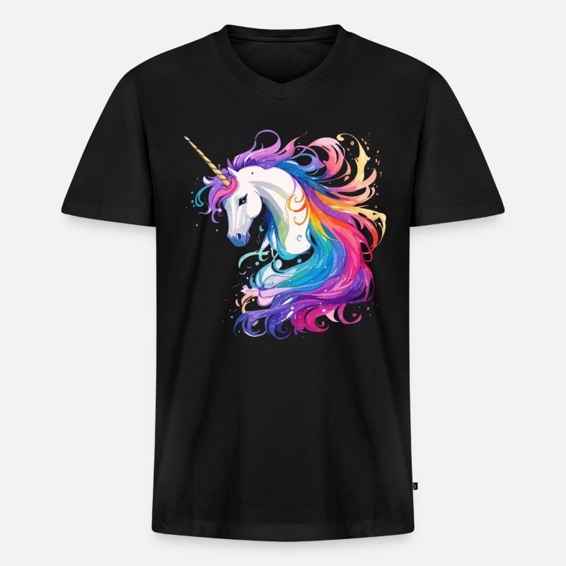 Regenbogen-Einhorn Kopf Portrait - Männer Premium Bio T-Shirt mit V-Ausschnitt - Schwarz