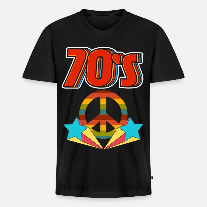 Retro 70er Frieden Regenbogen - Männer Premium Bio T-Shirt mit V-Ausschnitt - Schwarz