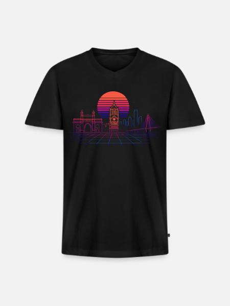 Neon-Synthwave Stadtsilhouette - Mumbai - Männer Premium Bio T-Shirt mit V-Ausschnitt - Schwarz