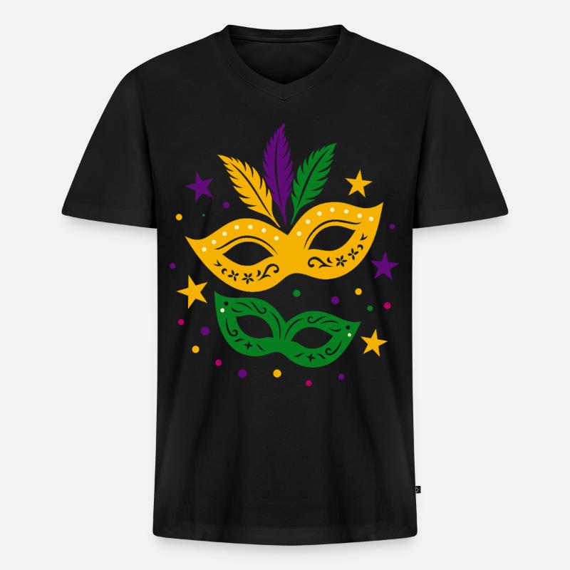 Karneval Masken mit Sternen & bunten Federn - Männer Premium Bio T-Shirt mit V-Ausschnitt - Schwarz