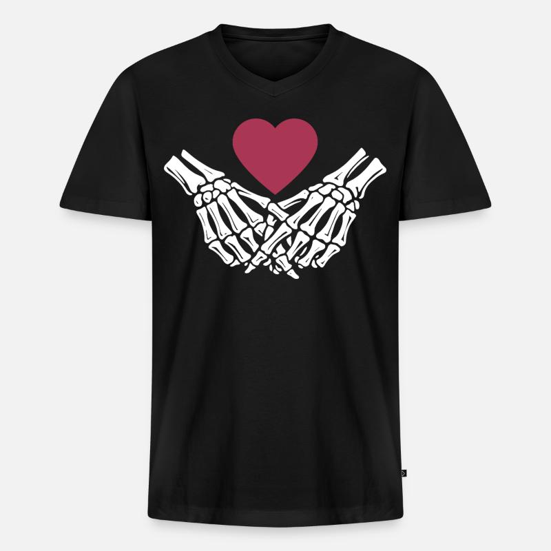 ewige Liebe | Knochenhände | Skelett | Herz - Männer Premium Bio T-Shirt mit V-Ausschnitt - Schwarz