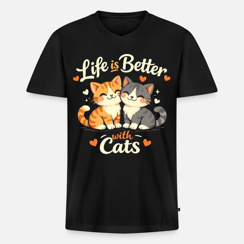 Leben Besser Mit Katzen - Männer Premium Bio T-Shirt mit V-Ausschnitt - Schwarz