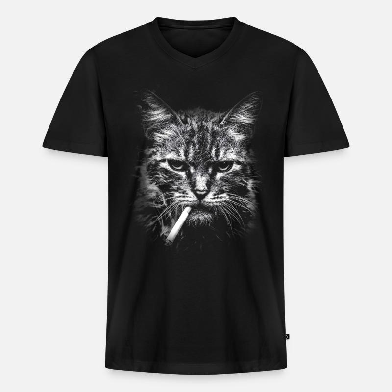 Rauchen, Zigarette, Katze raucht eine Zigarette - Männer Premium Bio T-Shirt mit V-Ausschnitt - Schwarz