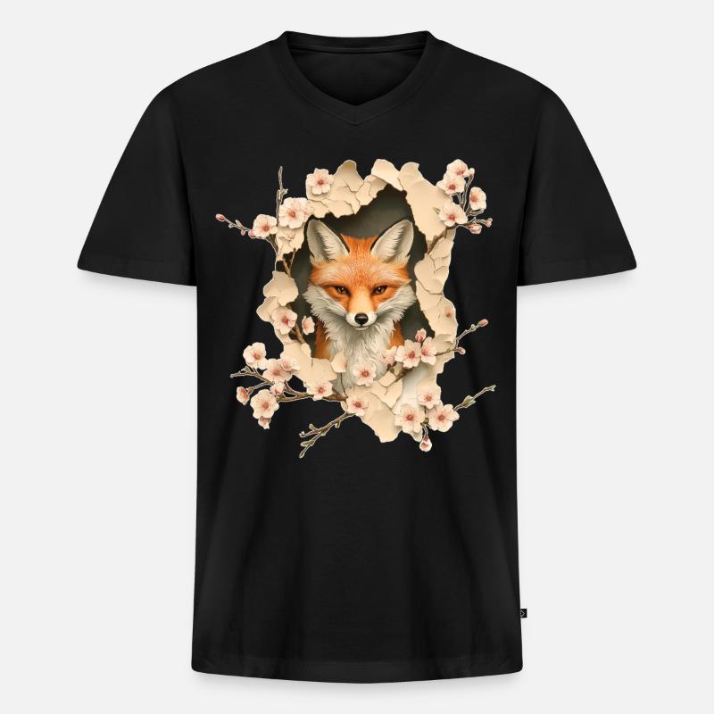 Fuchs mit Kirschblüten - Männer Premium Bio T-Shirt mit V-Ausschnitt - Schwarz