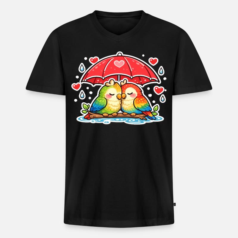 Herzpaar unter Regenschirm papagei - Männer Premium Bio T-Shirt mit V-Ausschnitt - Schwarz