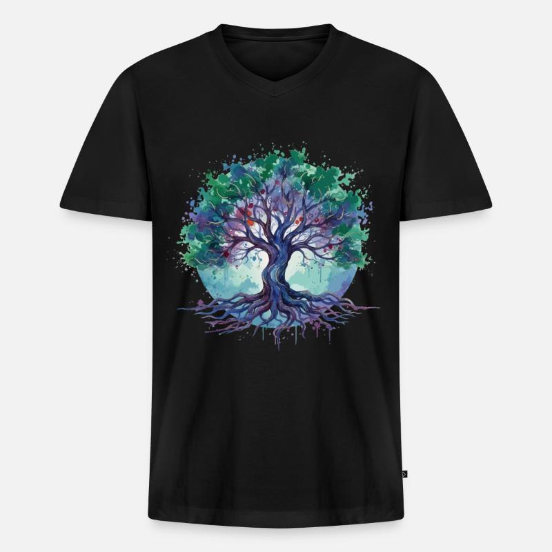 Aquarell Baum des Lebens - Männer Premium Bio T-Shirt mit V-Ausschnitt - Schwarz