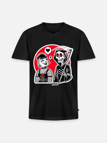 Liebe trifft Sensenmann – Punk-Duo - Männer Premium Bio T-Shirt mit V-Ausschnitt - Schwarz
