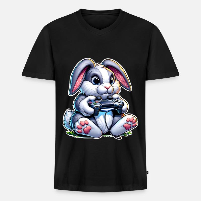 Gamer Hase mit Controller - Männer Premium Bio T-Shirt mit V-Ausschnitt - Schwarz