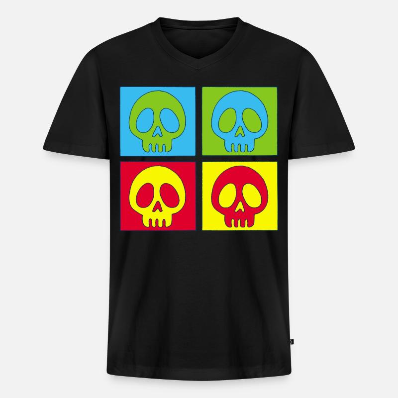 Totenschädel und vierfarbiger Druck - Männer Premium Bio T-Shirt mit V-Ausschnitt - Schwarz