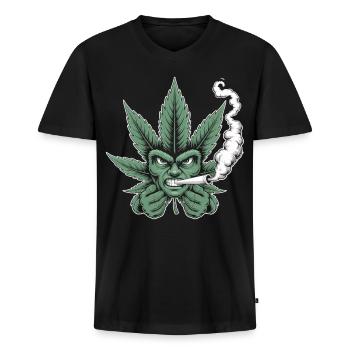 Weed Shirt – Cannabis Blatt Gesicht Kiffer - Männer Premium Bio T-Shirt mit V-Ausschnitt - Schwarz - Vorne - Nico (187cm)