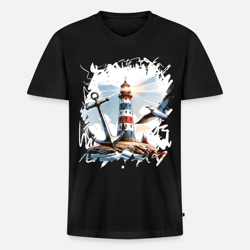 Leuchtturm Anker Möwe - Männer Premium Bio T-Shirt mit V-Ausschnitt - Schwarz