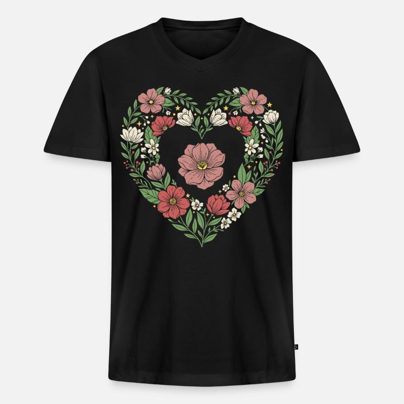 Floral Heart Botanical Bloom Design - Männer Premium Bio T-Shirt mit V-Ausschnitt - Schwarz