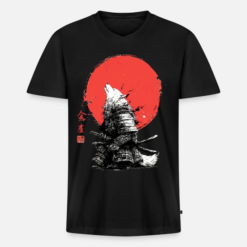 Wolf-Samurai unter Crimson Sun - Männer Premium Bio T-Shirt mit V-Ausschnitt - Schwarz