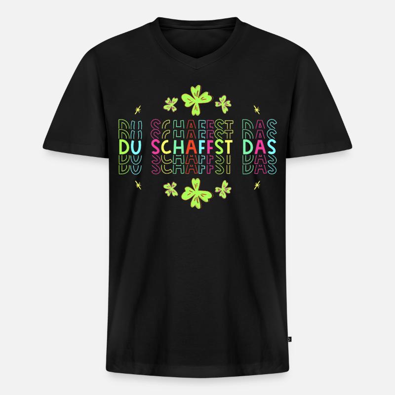Du schaffst das! Glücksbringer Glücksklee neon - Männer Premium Bio T-Shirt mit V-Ausschnitt - Schwarz