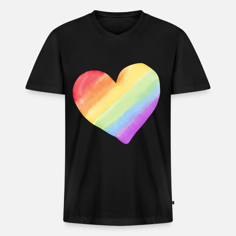 Regenbogen Aquarell Herz - Männer Premium Bio T-Shirt mit V-Ausschnitt - Schwarz
