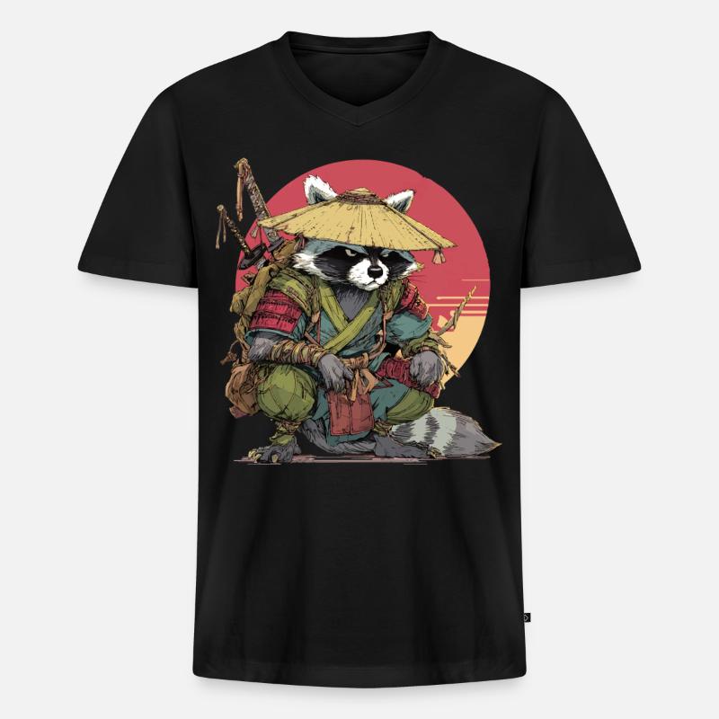 Waschbär-Samurai mit Strohhut - Männer Premium Bio T-Shirt mit V-Ausschnitt - Schwarz