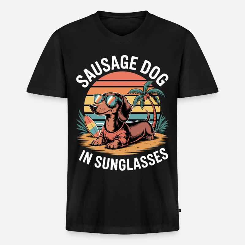 Beach Dackel - Männer Premium Bio T-Shirt mit V-Ausschnitt - Schwarz