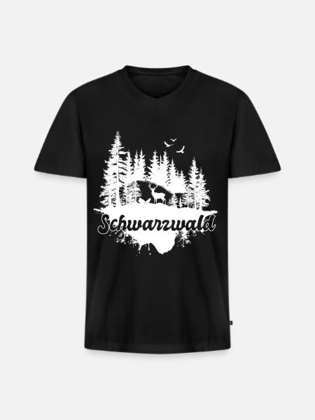 Schwarzwald Hirsch Wald Natur Motiv - Männer Premium Bio T-Shirt mit V-Ausschnitt - Schwarz