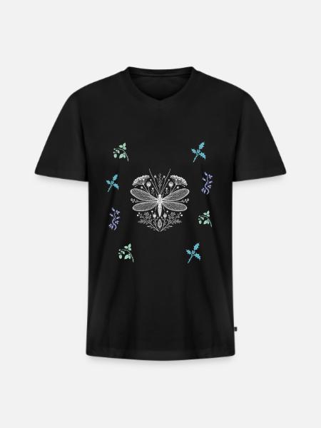 Libelle & Beerenzweig - Dark Botanical - Männer Premium Bio T-Shirt mit V-Ausschnitt - Schwarz