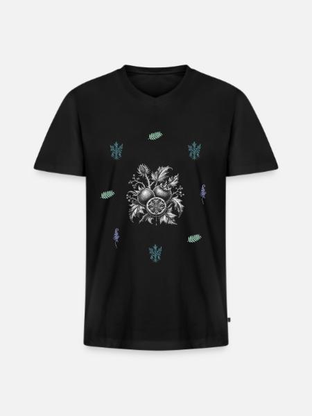 Frucht & Farn & Blumenranke - Naturmotiv - Männer Premium Bio T-Shirt mit V-Ausschnitt - Schwarz