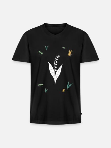 Maiglöckchen & Ameise & Farn - Botanik - Männer Premium Bio T-Shirt mit V-Ausschnitt - Schwarz