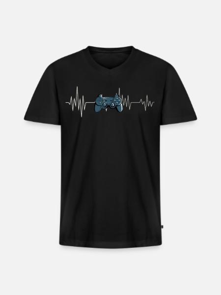 Gaming-Controller Heartbeat Gamer T-Shirt - Männer Premium Bio T-Shirt mit V-Ausschnitt - Schwarz