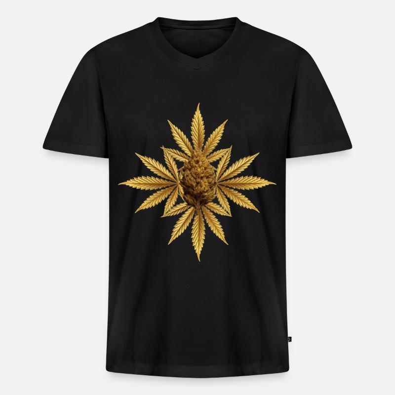 Goldene Hanfblätter mit Bud - Männer Premium Bio T-Shirt mit V-Ausschnitt - Schwarz