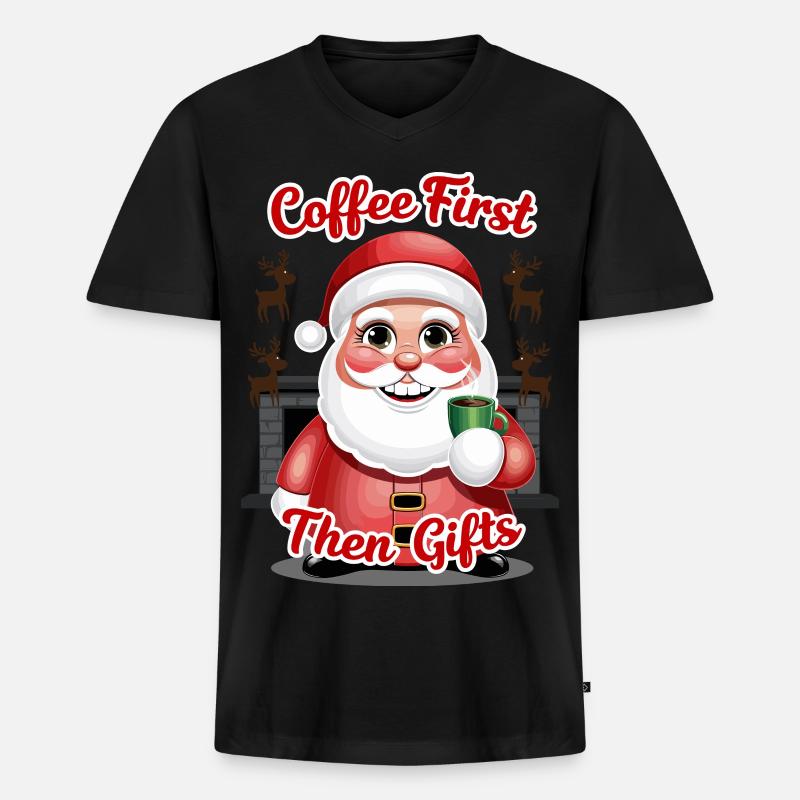 Weihnachtsmann mit Kaffee - Männer Premium Bio T-Shirt mit V-Ausschnitt - Schwarz