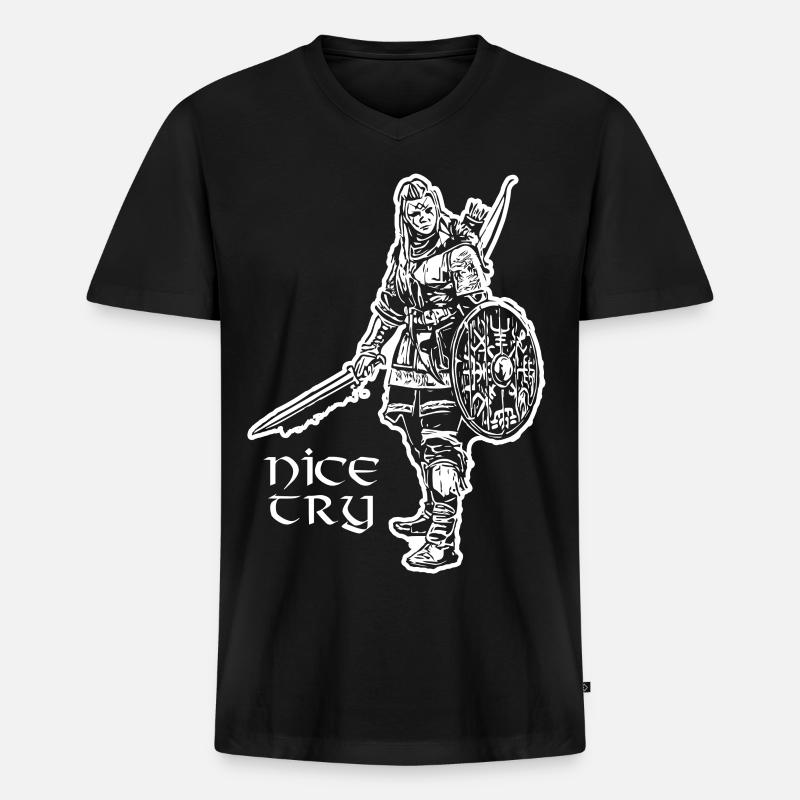 Nice Try Valkyrie - Männer Premium Bio T-Shirt mit V-Ausschnitt - Schwarz