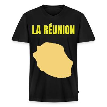 T-Shirt mit goldener Karte auf der Insel La Réunion - Männer Premium Bio T-Shirt mit V-Ausschnitt - Schwarz - Vorne - Nico (187cm)