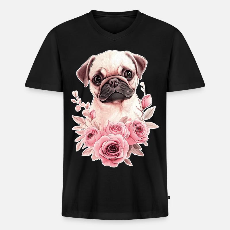 Mops mit Blumen - Männer Premium Bio T-Shirt mit V-Ausschnitt - Schwarz