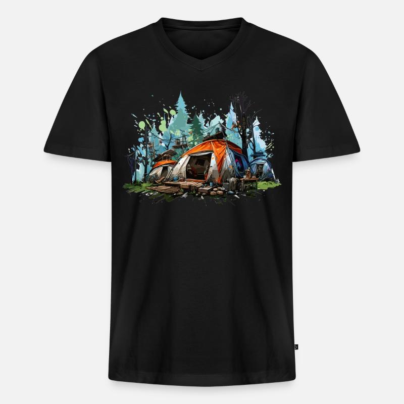 Camping-Atmosphäre. Ein Retro-Abenteuer. - Männer Premium Bio T-Shirt mit V-Ausschnitt - Schwarz