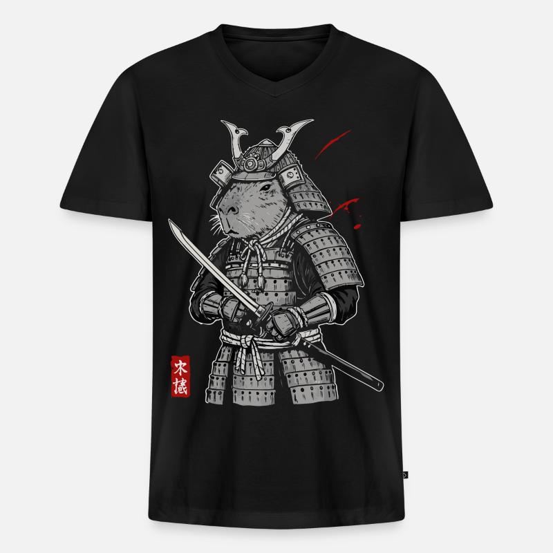 Otaku Katze Samurai - Männer Premium Bio T-Shirt mit V-Ausschnitt - Schwarz