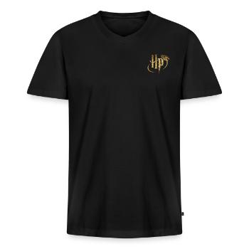 Harry Potter kleines Logo Gold - Männer Premium Bio T-Shirt mit V-Ausschnitt - Schwarz - Vorne - Nico (187cm)