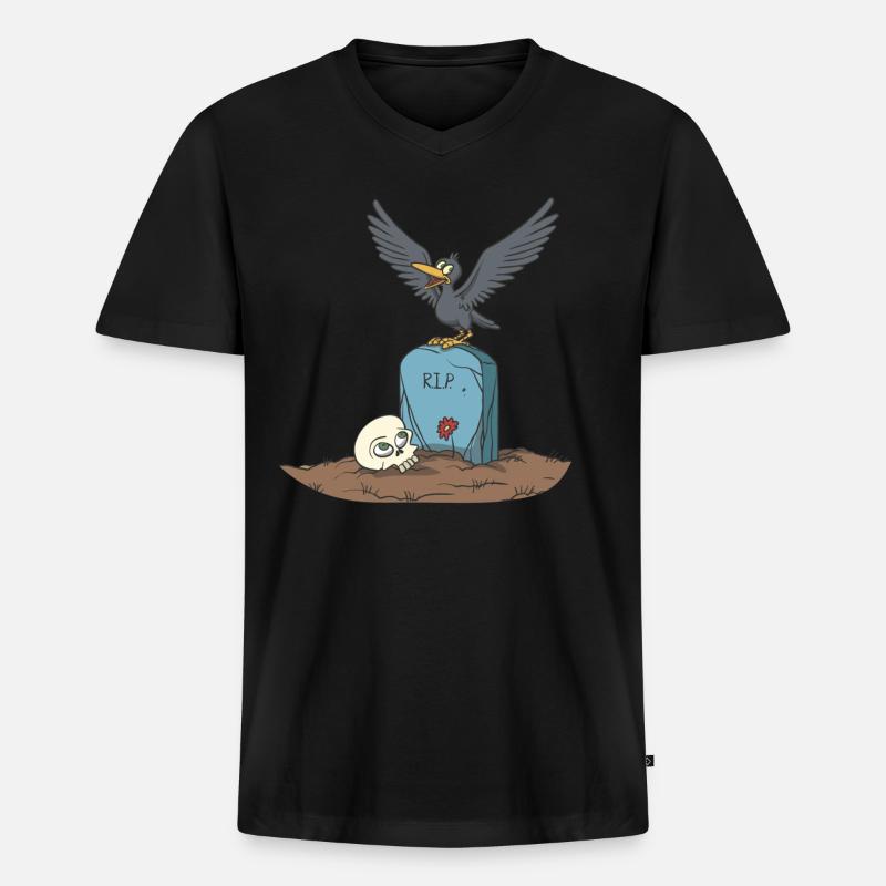 Krähe auf Grabstein mit Schädel - Männer Premium Bio T-Shirt mit V-Ausschnitt - Schwarz
