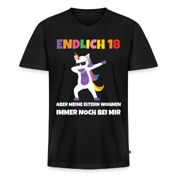 Endlich 18 - Männer Premium Bio T-Shirt mit V-Ausschnitt - Schwarz - Vorne - Nico (187cm)