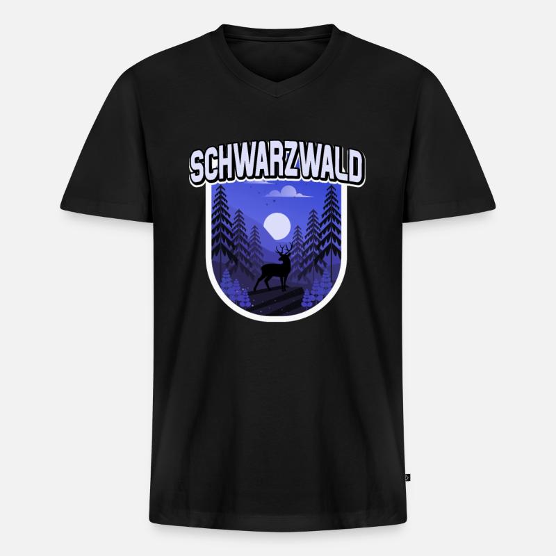 Schwarzwald Illustration Wald Bäume Hirsch - Männer Premium Bio T-Shirt mit V-Ausschnitt - Schwarz