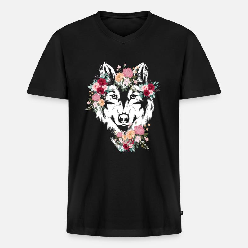 Wolf Wolfskopf Blumen Deko - Männer Premium Bio T-Shirt mit V-Ausschnitt - Schwarz