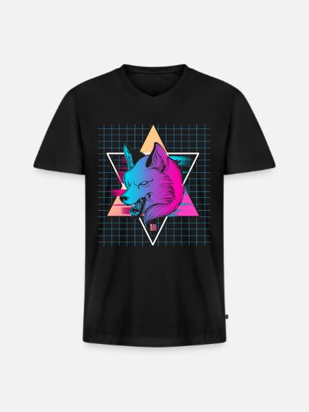 Japon Vaporwave Wolf - T-shirt encolure en V Premium bio Homme - noir