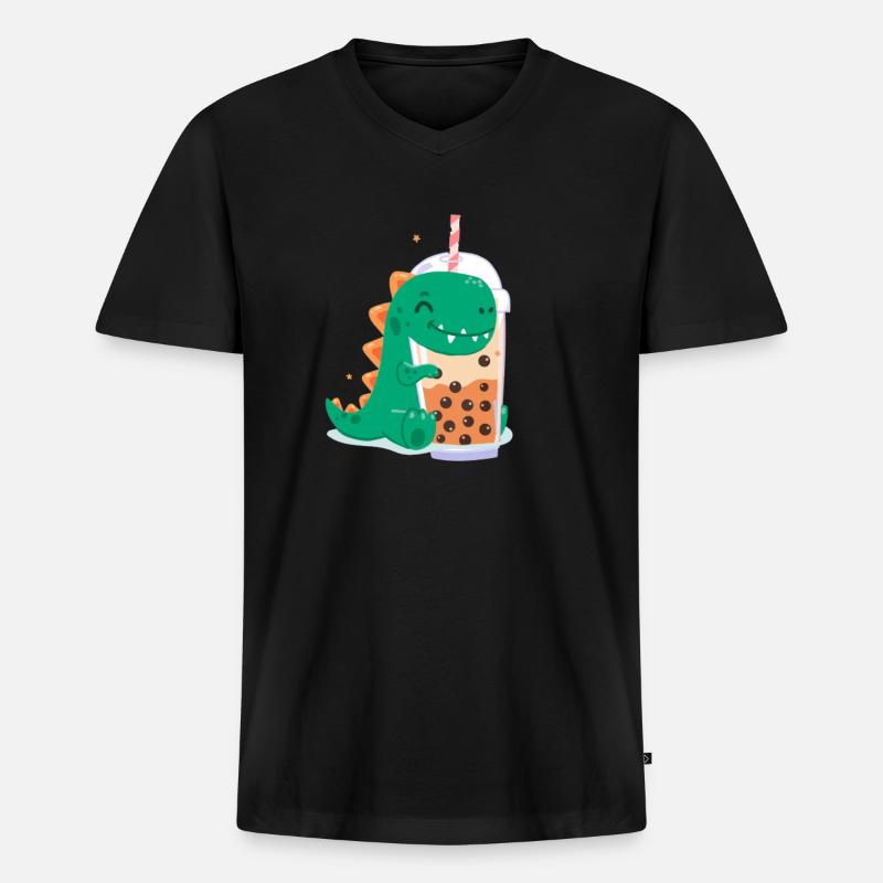 Bubble Tea Dino - Männer Premium Bio T-Shirt mit V-Ausschnitt - Schwarz