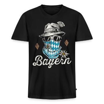 Freistaat Bayern T-Shirt Herren Bayrische Tracht - Männer Premium Bio T-Shirt mit V-Ausschnitt - Schwarz - Vorne - Nico (187cm)