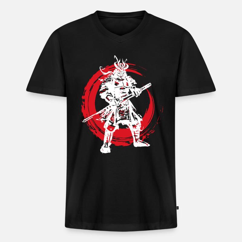 Samurai Japanischer Krieger Blutmond Design - Männer Premium Bio T-Shirt mit V-Ausschnitt - Schwarz